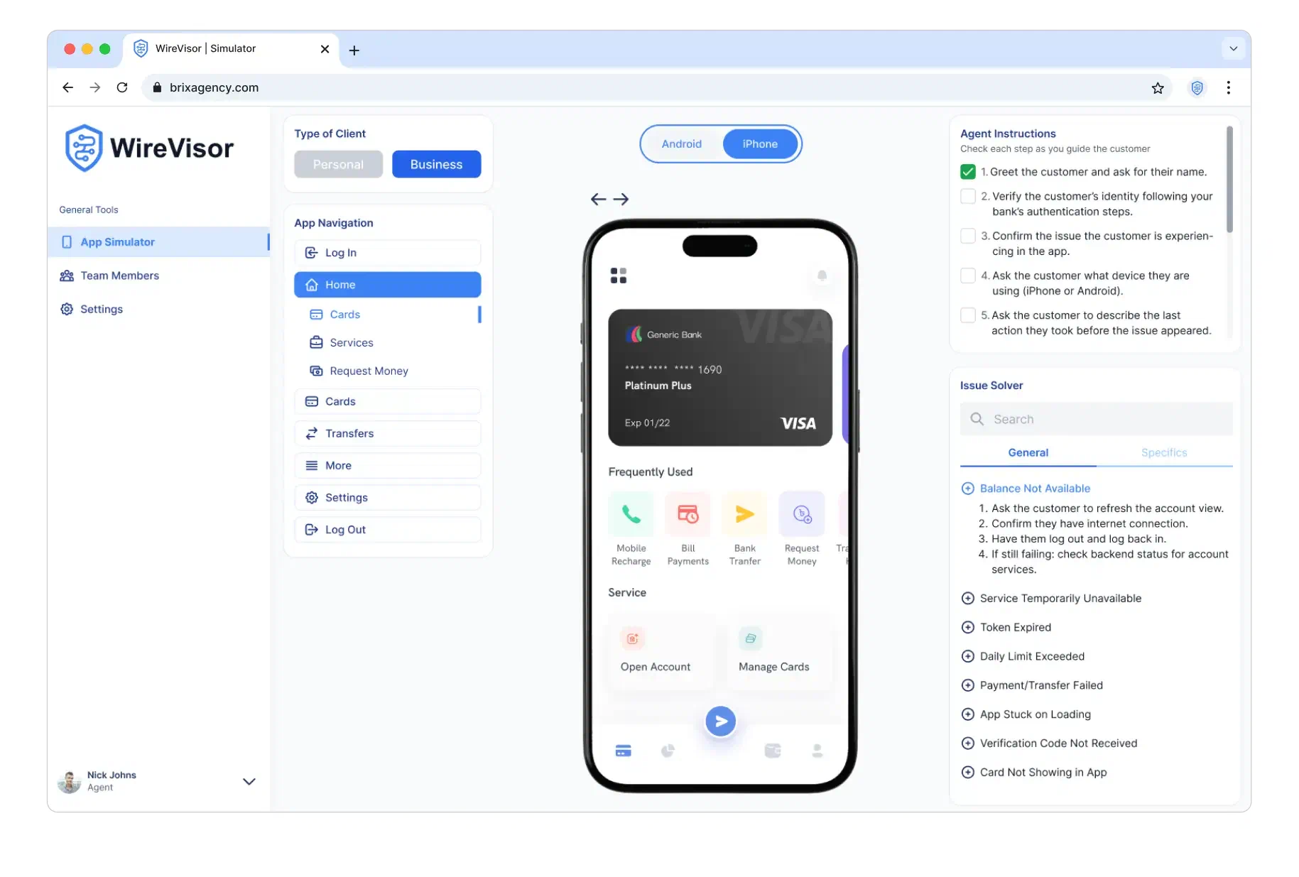 The WireVisor simulator showing a banking app replica beside agent instructions and an issue solver